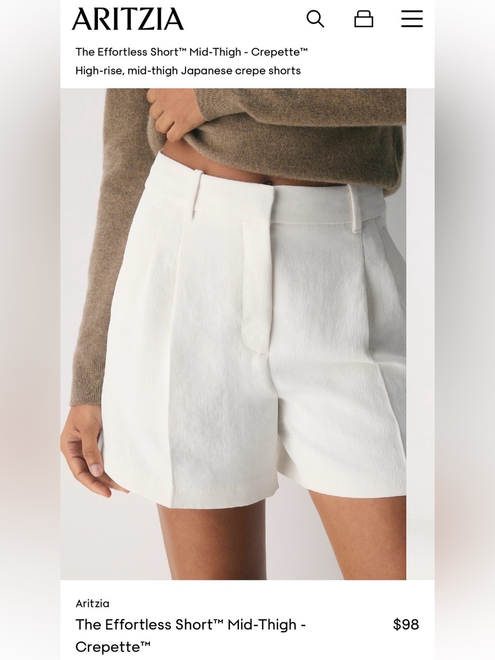 Aritzia High-Rise Crepe Mid-Thigh Shorts in White